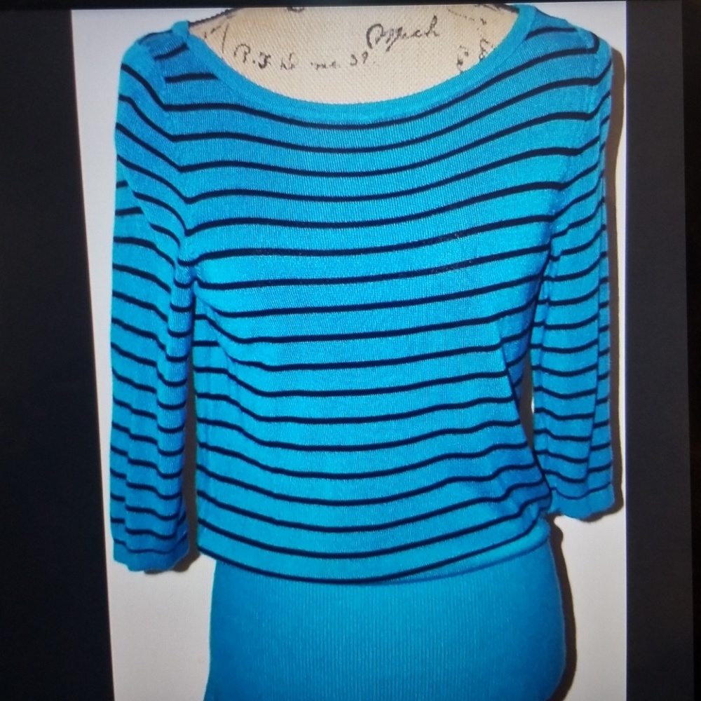 WHBM Turquoise / Black Stripes 3/4 Sleeve Sweater